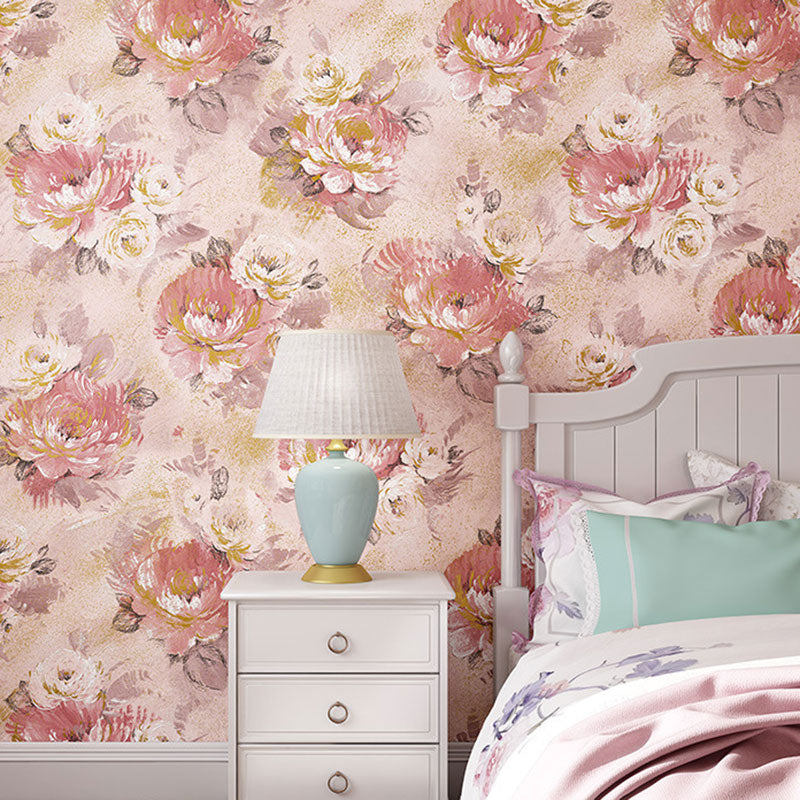 Decorative Non-Pasted Wallpaper Blossoming Garden Flower Non-wove Wall Decor in Soft Color Pink Clearhalo 'Country wall decor' 'Rustic' 'Wallpaper' Wall Decor' 927019