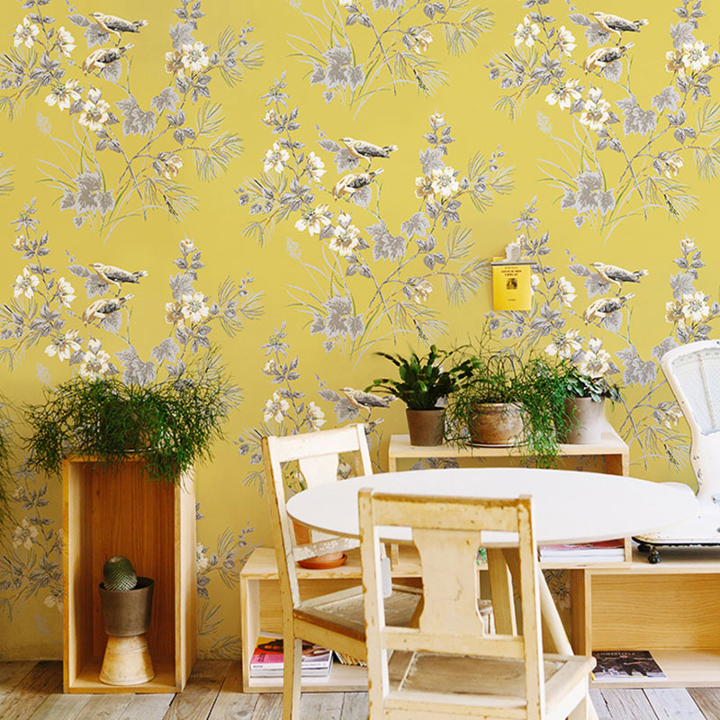 Non-Pasted Wallpaper Roll with Bird and Flower Design for Coffee Shop, 33'L x 20.5"W Yellow Clearhalo 'Country wall decor' 'Rustic' 'Wallpaper' Wall Decor' 927088