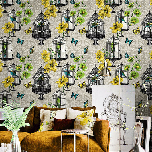 Multicolored Vintage Wall Decor Bird Cage and Flower Wallpaper, Non-Pasted Yellow Clearhalo 'Country wall decor' 'Rustic' 'Wallpaper' Wall Decor' 927091