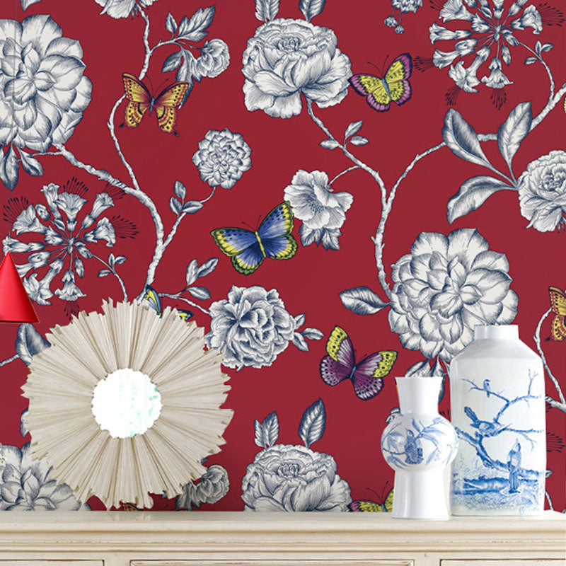 Non-Pasted Wall Decor American Countryside Garden Flower Wallpaper for Accent Wall, 57.1 sq ft. Red Clearhalo 'Country wall decor' 'Rustic' 'Wallpaper' Wall Decor' 927356
