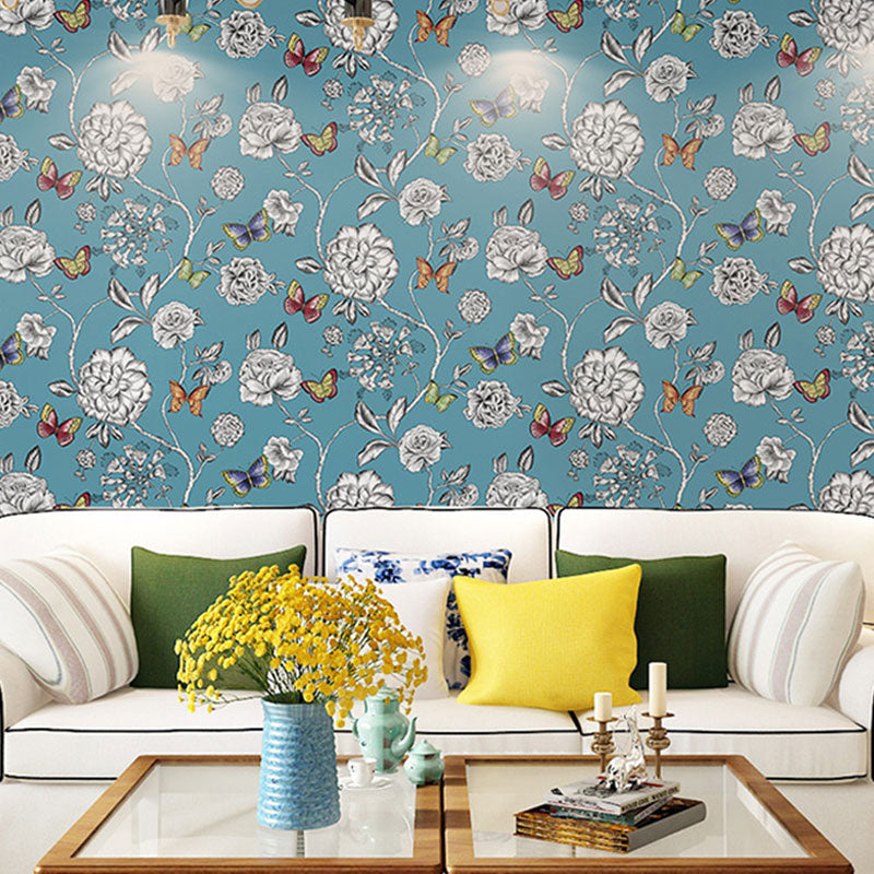 Non-Pasted Wall Decor American Countryside Garden Flower Wallpaper for Accent Wall, 57.1 sq ft. Blue Clearhalo 'Country wall decor' 'Rustic' 'Wallpaper' Wall Decor' 927361