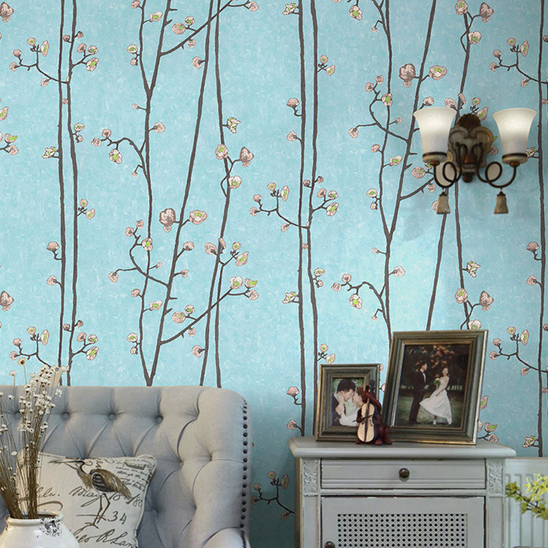 Flower and Branch Non-Pasted Wallpaper for Kitchen, 33-foot x 20.5-inch, Pastel Color Blue Clearhalo 'Country wall decor' 'Rustic' 'Wallpaper' Wall Decor' 927372
