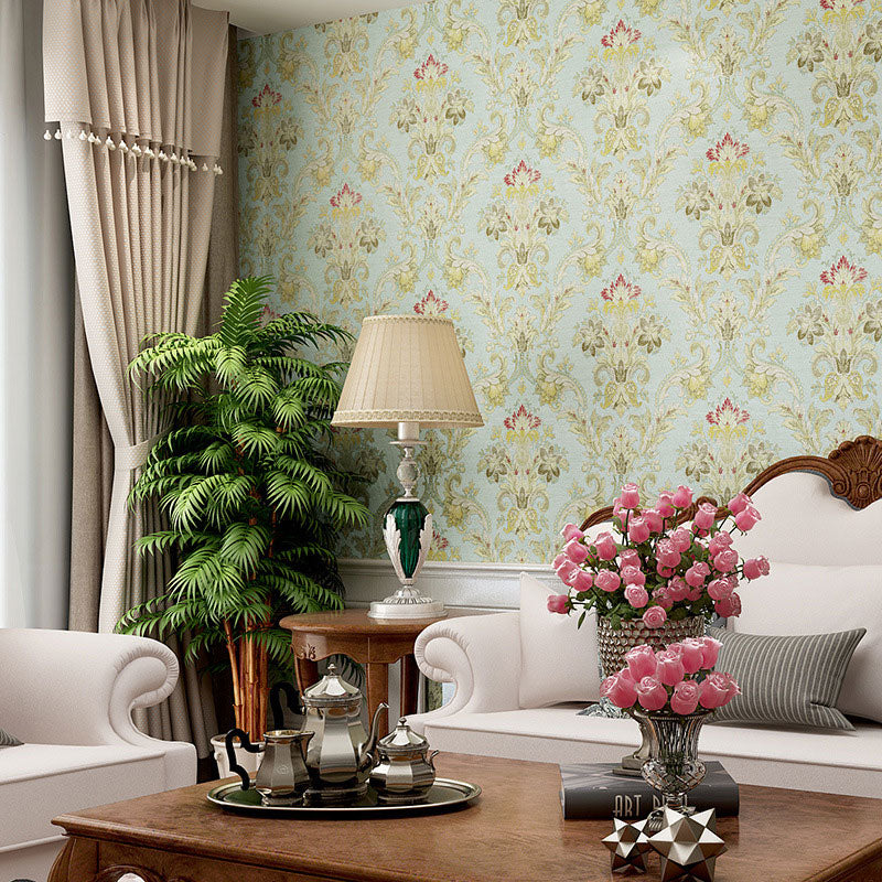 Pastel Green Non-Woven Decorative Wallpaper Vintage Flower Wall Covering, 33 ft. x 20.5 in Blue Clearhalo 'Country wall decor' 'Rustic' 'Wallpaper' Wall Decor' 927401