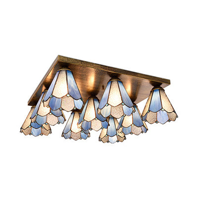 9 Heads Flushmount Light Retro Style Stained Glass Flushmount Ceiling Light in Blue for Dining Room Clearhalo 'Ceiling Lights' 'Close To Ceiling Lights' 'Close to ceiling' 'Glass shade' 'Glass' 'Semi-flushmount' 'Tiffany close to ceiling' 'Tiffany' Lighting' 92781