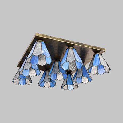9 Heads Flushmount Light Retro Style Stained Glass Flushmount Ceiling Light in Blue for Dining Room Clearhalo 'Ceiling Lights' 'Close To Ceiling Lights' 'Close to ceiling' 'Glass shade' 'Glass' 'Semi-flushmount' 'Tiffany close to ceiling' 'Tiffany' Lighting' 92782