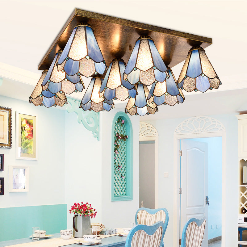 9 Heads Flushmount Light Retro Style Stained Glass Flushmount Ceiling Light in Blue for Dining Room Blue Clearhalo 'Ceiling Lights' 'Close To Ceiling Lights' 'Close to ceiling' 'Glass shade' 'Glass' 'Semi-flushmount' 'Tiffany close to ceiling' 'Tiffany' Lighting' 92783