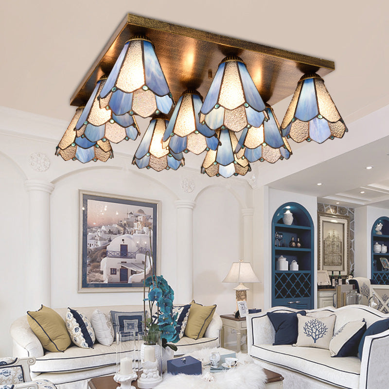 9 Heads Flushmount Light Retro Style Stained Glass Flushmount Ceiling Light in Blue for Dining Room Clearhalo 'Ceiling Lights' 'Close To Ceiling Lights' 'Close to ceiling' 'Glass shade' 'Glass' 'Semi-flushmount' 'Tiffany close to ceiling' 'Tiffany' Lighting' 92784