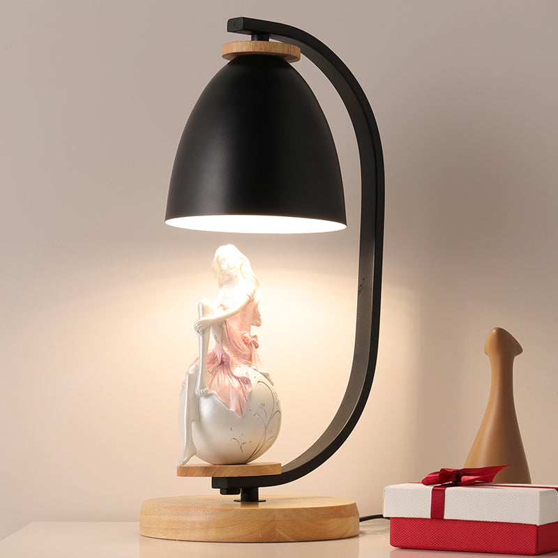 White/Black Finish Bell Shade Table Light Nordic Style 1-Bulb Metallic Desk Lamp with Girl Decor Black Clearhalo 'Lamps' 'Table Lamps' Lighting' 927936