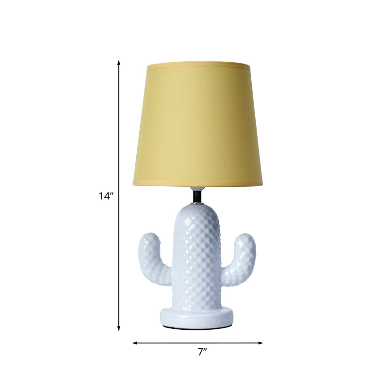 Ceramics Cactus Table Lighting Nordic Style Single Head White Desk Lamp with Barrel Yellow Fabric Shade Clearhalo 'Lamps' 'Table Lamps' Lighting' 927989