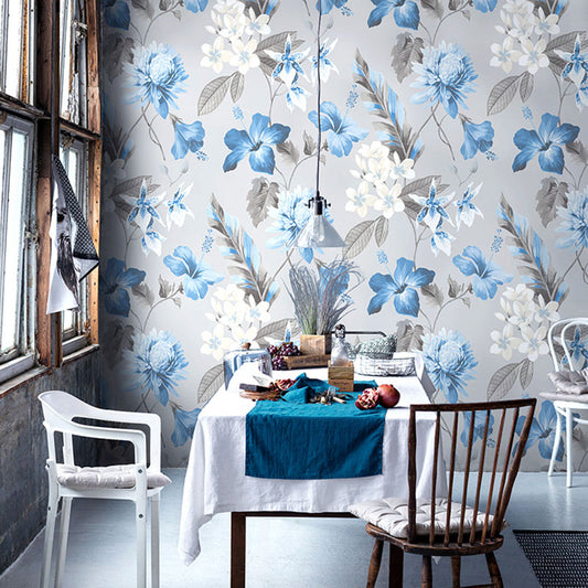 Fresh Magnolia and Stem Wallpaper Non-Pasted Wall Decor for Accent Wall, 33-foot x 20.5-inch Blue Clearhalo 'Country wall decor' 'Rustic' 'Wallpaper' Wall Decor' 928067