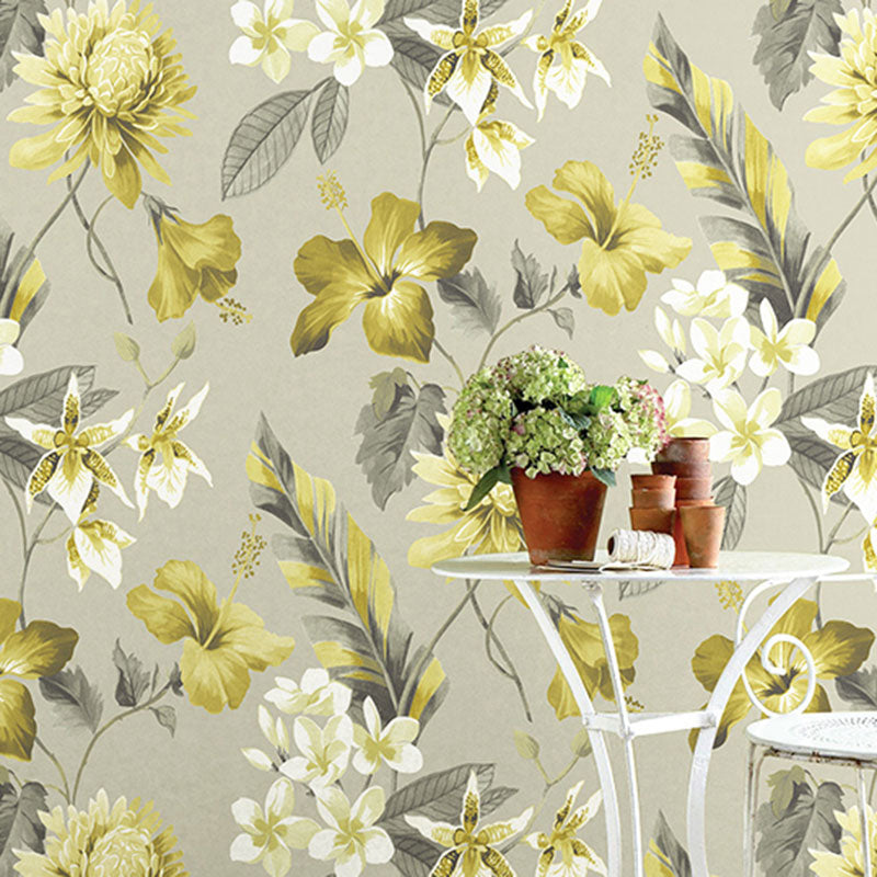 Fresh Magnolia and Stem Wallpaper Non-Pasted Wall Decor for Accent Wall, 33-foot x 20.5-inch Yellow Clearhalo 'Country wall decor' 'Rustic' 'Wallpaper' Wall Decor' 928070