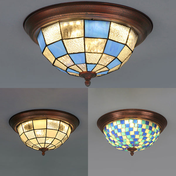 Bowl Shape Ceiling Light Fixture Lodge Stained Glass 1 Bulb Flushmount Ceiling Light in White/Blue/Light Blue/Clear/Blue-White/Dark Blue Clearhalo 'Ceiling Lights' 'Close To Ceiling Lights' 'Close to ceiling' 'Flush mount' Lighting' 92808