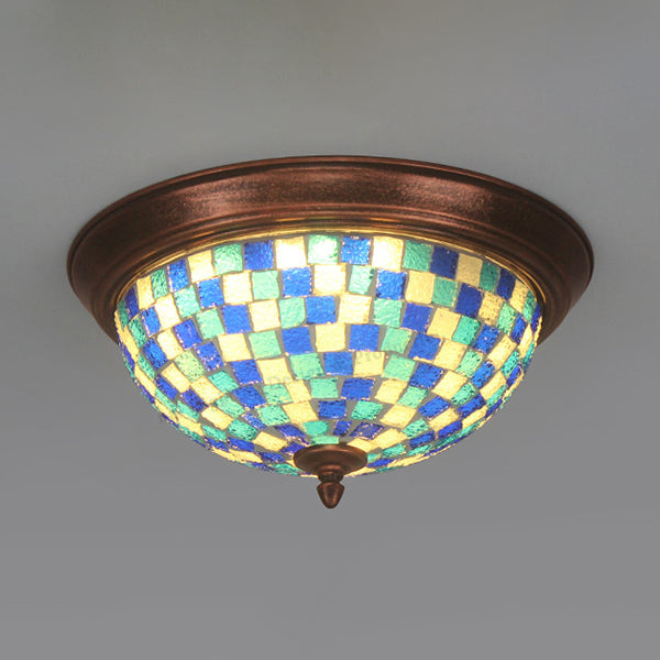 Bowl Shape Ceiling Light Fixture Lodge Stained Glass 1 Bulb Flushmount Ceiling Light in White/Blue/Light Blue/Clear/Blue-White/Dark Blue Blue Clearhalo 'Ceiling Lights' 'Close To Ceiling Lights' 'Close to ceiling' 'Flush mount' Lighting' 92809