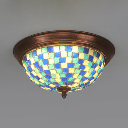 Bowl Shape Ceiling Light Fixture Lodge Stained Glass 1 Bulb Flushmount Ceiling Light in White/Blue/Light Blue/Clear/Blue-White/Dark Blue Blue Clearhalo 'Ceiling Lights' 'Close To Ceiling Lights' 'Close to ceiling' 'Flush mount' Lighting' 92809