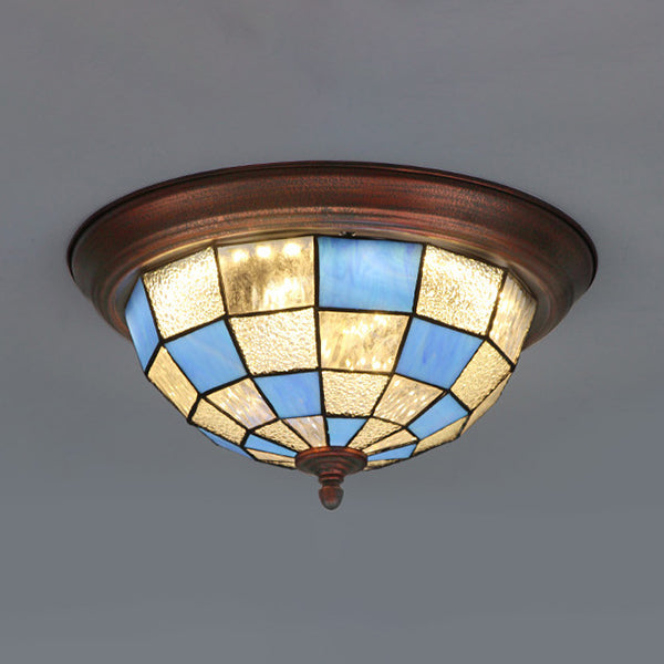 Bowl Shape Ceiling Light Fixture Lodge Stained Glass 1 Bulb Flushmount Ceiling Light in White/Blue/Light Blue/Clear/Blue-White/Dark Blue Blue-White Clearhalo 'Ceiling Lights' 'Close To Ceiling Lights' 'Close to ceiling' 'Flush mount' Lighting' 92811
