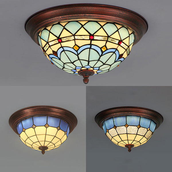 Bowl Shape Ceiling Light Fixture Lodge Stained Glass 1 Bulb Flushmount Ceiling Light in White/Blue/Light Blue/Clear/Blue-White/Dark Blue Clearhalo 'Ceiling Lights' 'Close To Ceiling Lights' 'Close to ceiling' 'Flush mount' Lighting' 92815