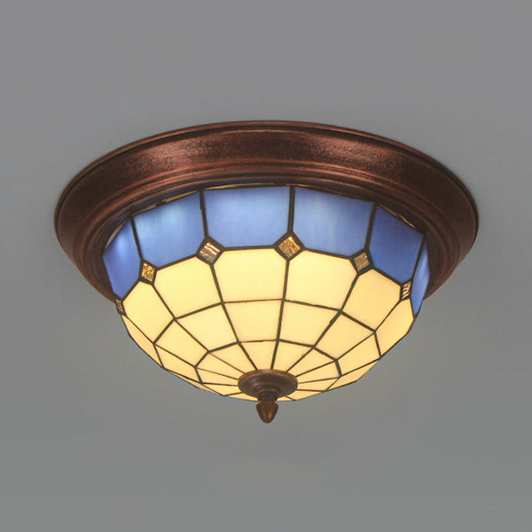 Bowl Shape Ceiling Light Fixture Lodge Stained Glass 1 Bulb Flushmount Ceiling Light in White/Blue/Light Blue/Clear/Blue-White/Dark Blue Dark Blue Clearhalo 'Ceiling Lights' 'Close To Ceiling Lights' 'Close to ceiling' 'Flush mount' Lighting' 92820