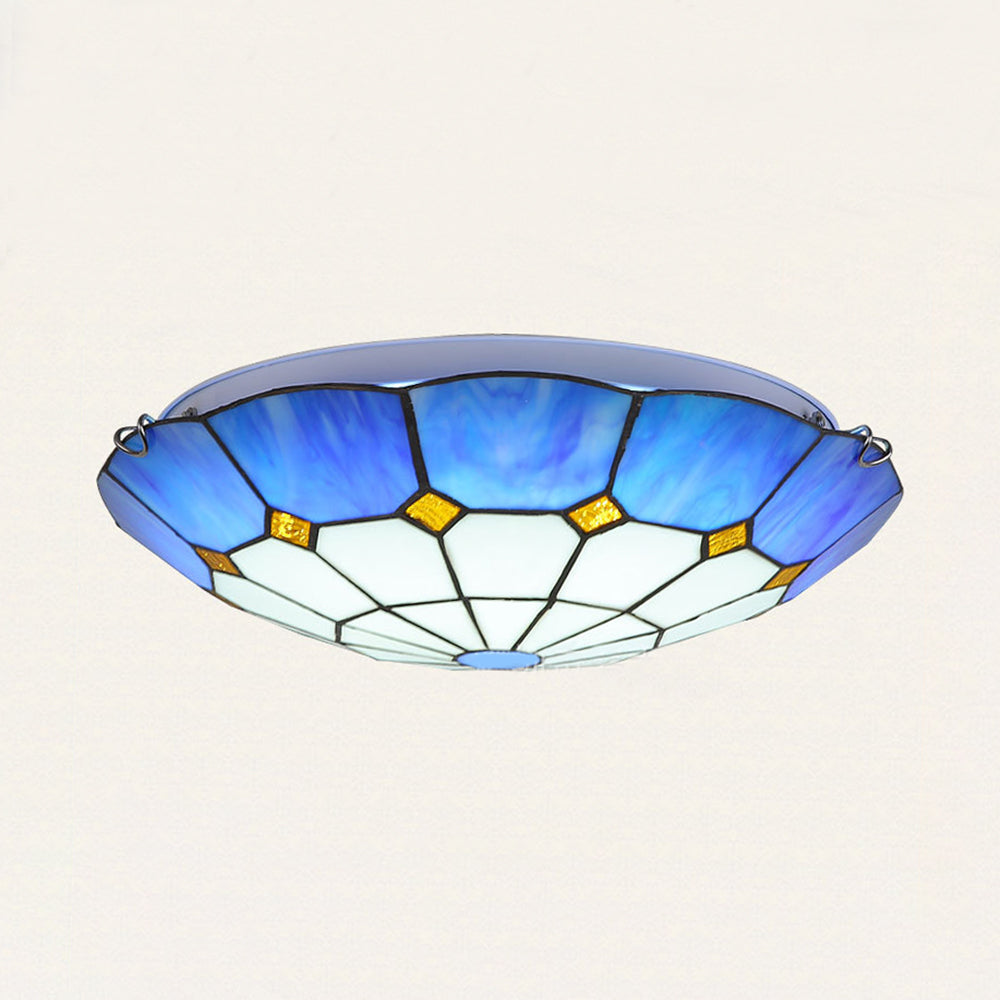 Blue Bowl-Shaped Ceiling Light Tiffany Stained Glass 3 Bulbs Flush Mount Ceiling Light for Dining Room Clearhalo 'Ceiling Lights' 'Close To Ceiling Lights' 'Close to ceiling' 'Glass shade' 'Glass' 'Semi-flushmount' 'Tiffany close to ceiling' 'Tiffany' Lighting' 92872