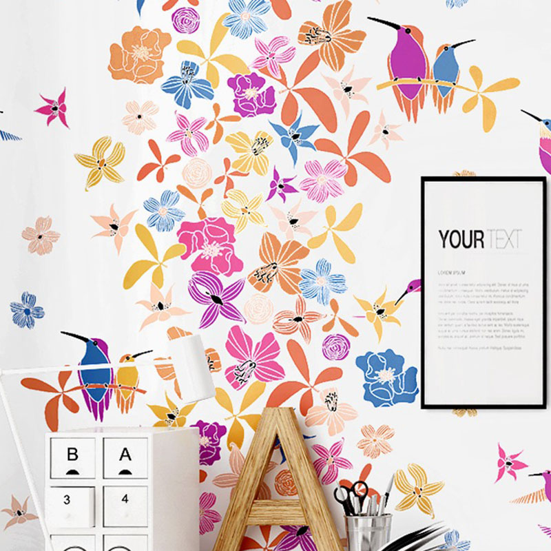 Plaster Wall Covering with Bird and Flower, Multi-Color, 20.5"W x 33'L Pink Clearhalo 'Country wall decor' 'Rustic' 'Wallpaper' Wall Decor' 929070