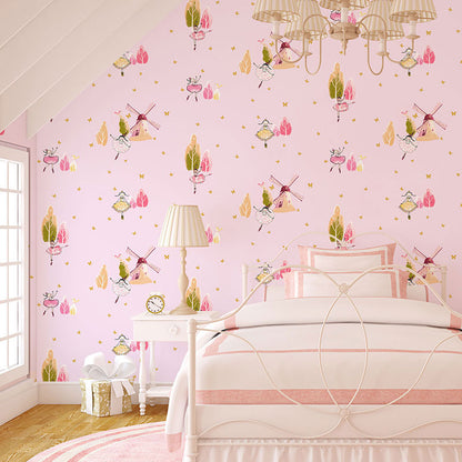 Kid's Room Wallpaper with Soft Color Cartoon Windmill and Tree Pattern, Non-Pasted Pink Clearhalo 'Wall Decor' 'Wallpaper' 929085