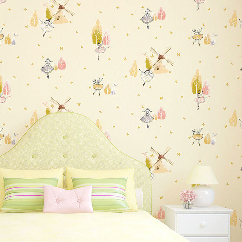 Kid's Room Wallpaper with Soft Color Cartoon Windmill and Tree Pattern, Non-Pasted Yellow Clearhalo 'Wall Decor' 'Wallpaper' 929088