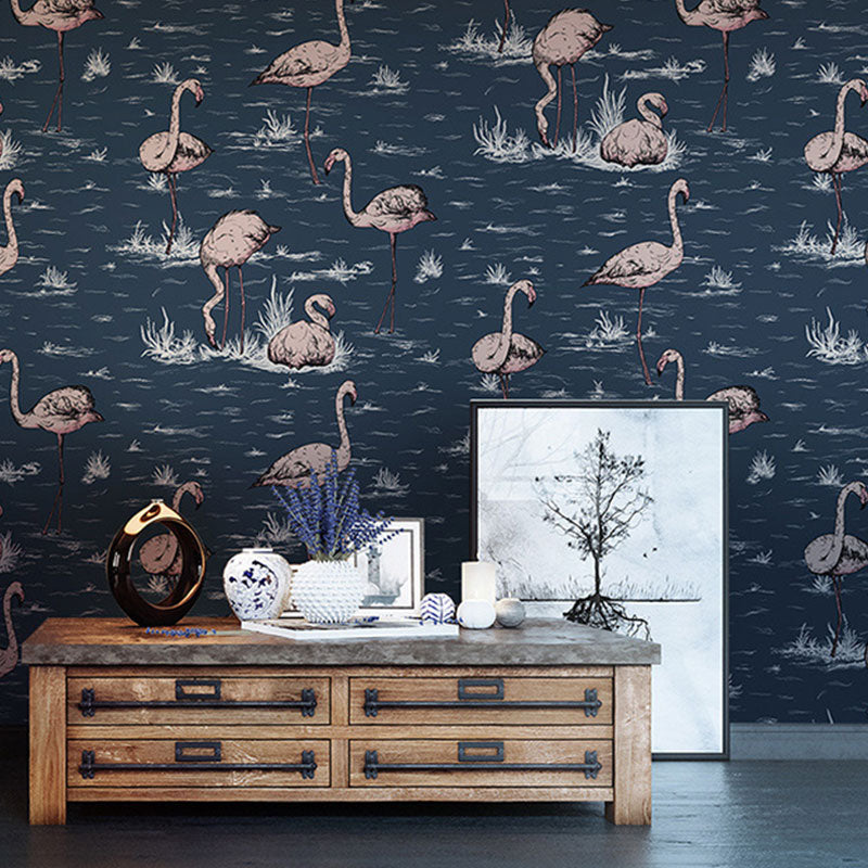 Dark Color Non-Woven Decorative Wallpaper with Flamingo Pattern for Kid, 20.5"W x 33'L Dark Blue Clearhalo 'Wall Decor' 'Wallpaper' 929118