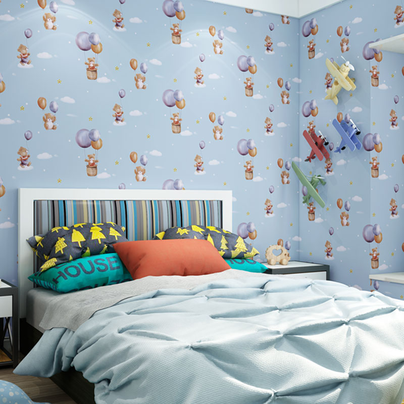 Minimalist Cartoon Bear Wallpaper Roll for Children's Bedroom, Non-Pasted, 20.5" x 31' Blue Clearhalo 'Wall Decor' 'Wallpaper' 929133