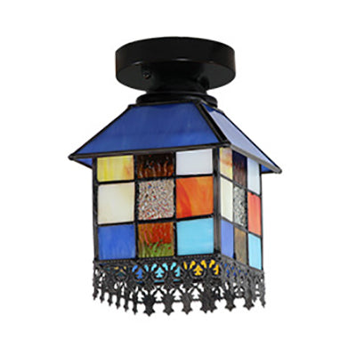 Colorful Small House Ceiling Light Fixture Tiffany Stained Glass 1 Light Ceiling Light for Bedroom Clearhalo 'Ceiling Lights' 'Close To Ceiling Lights' 'Close to ceiling' 'Glass shade' 'Glass' 'Semi-flushmount' 'Tiffany close to ceiling' 'Tiffany' Lighting' 92913