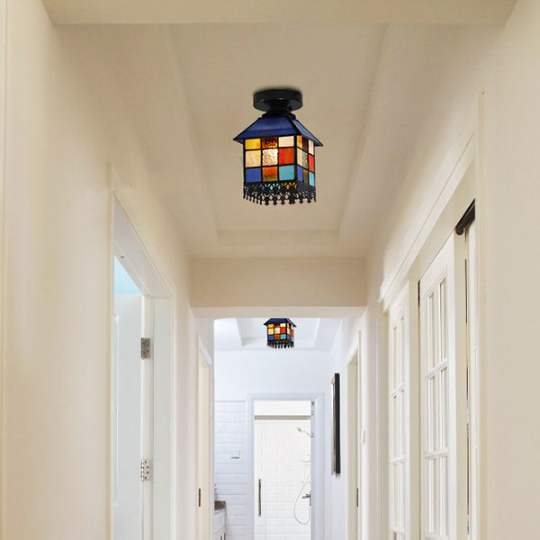 Colorful Small House Ceiling Light Fixture Tiffany Stained Glass 1 Light Ceiling Light for Bedroom Black Clearhalo 'Ceiling Lights' 'Close To Ceiling Lights' 'Close to ceiling' 'Glass shade' 'Glass' 'Semi-flushmount' 'Tiffany close to ceiling' 'Tiffany' Lighting' 92914