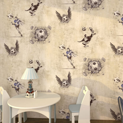 Non-Pasted Wallpaper Roll with Pastel Color Football and Player Design for Kid, 31 ft. x 20.5 in Beige Clearhalo 'Wall Decor' 'Wallpaper' 929170