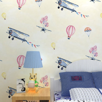 Balloon and Airplane Wallpaper Pastel Color Non-Pasted Wall Decor for Kid, 20.5 in x 31 ft Beige Clearhalo 'Wall Decor' 'Wallpaper' 929193