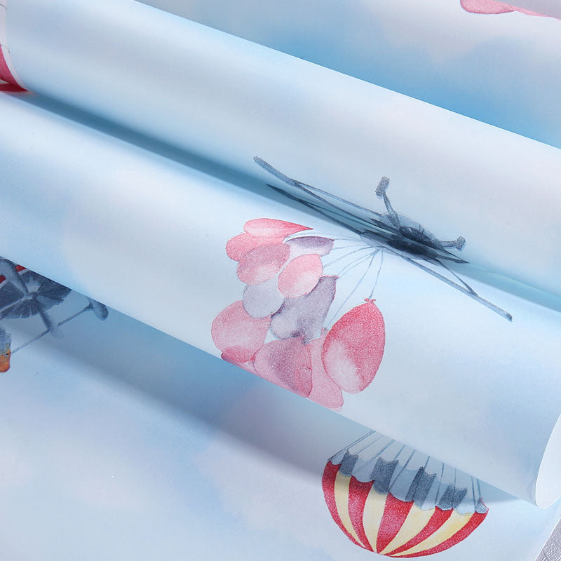 Balloon and Airplane Wallpaper Pastel Color Non-Pasted Wall Decor for Kid, 20.5 in x 31 ft Blue Clearhalo 'Wall Decor' 'Wallpaper' 929197