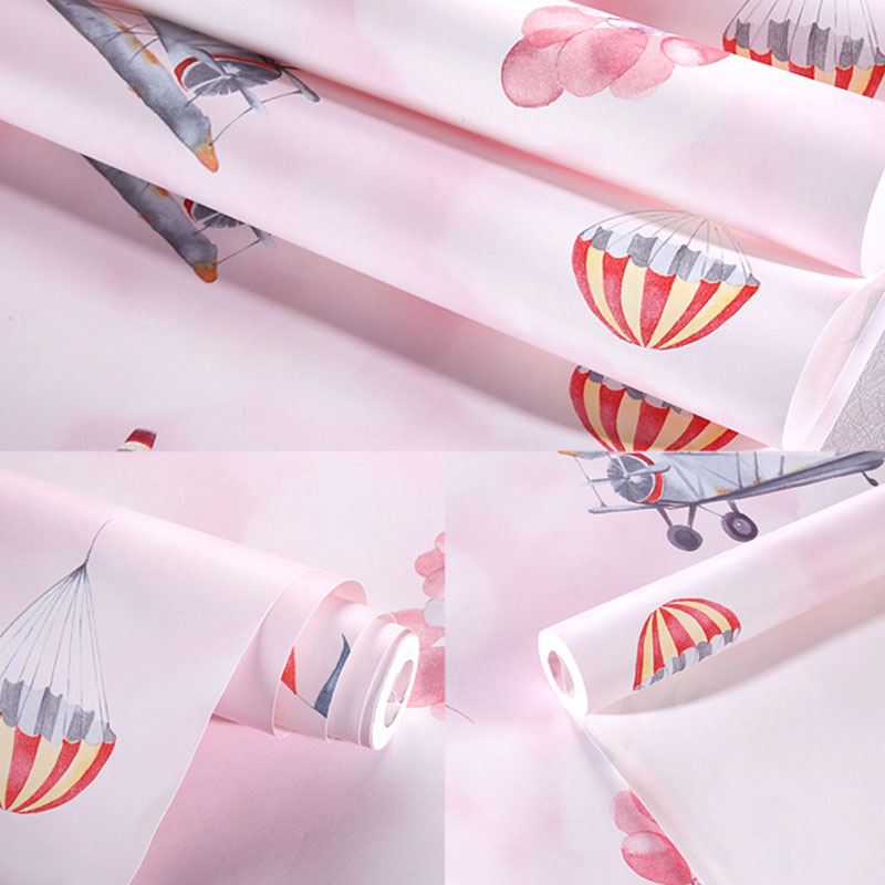 Balloon and Airplane Wallpaper Pastel Color Non-Pasted Wall Decor for Kid, 20.5 in x 31 ft Pink Clearhalo 'Wall Decor' 'Wallpaper' 929200