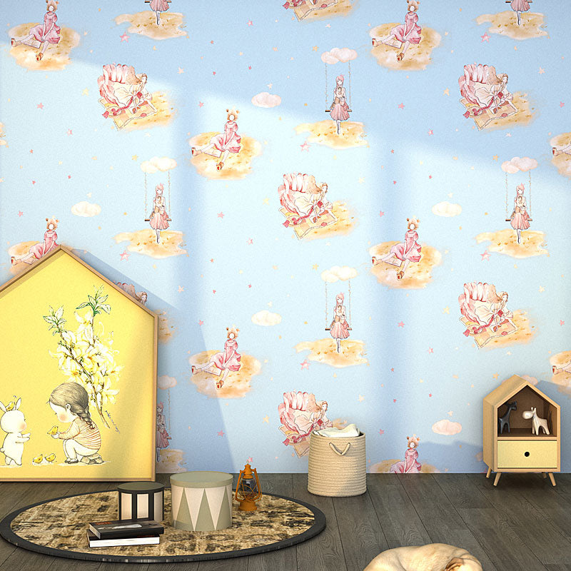 Non-Woven Wall Decor Non-Pasted Cartoon Wallpaper Roll for Girl's Bedroom Blue Clearhalo 'Wall Decor' 'Wallpaper' 929213