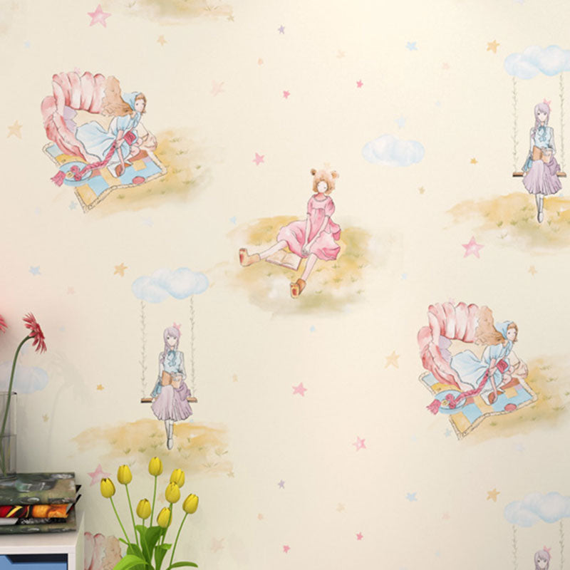 Non-Woven Wall Decor Non-Pasted Cartoon Wallpaper Roll for Girl's Bedroom Beige Clearhalo 'Wall Decor' 'Wallpaper' 929217