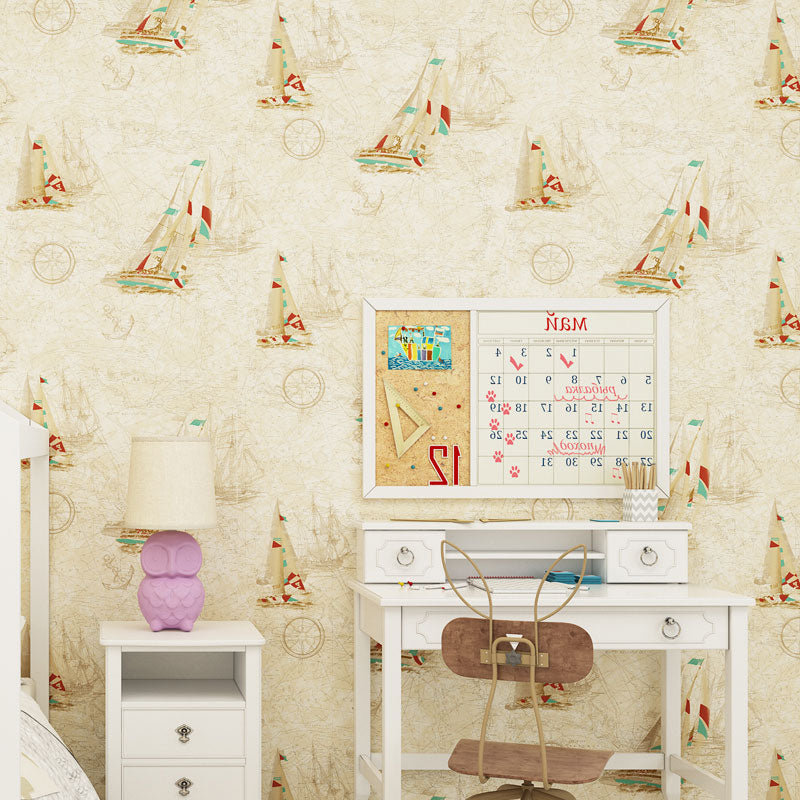 Vintage Boat Wallpaper Non-Pasted Wall Covering in Beige Color for Children, 20.5" x 31' Beige Clearhalo 'Wall Decor' 'Wallpaper' 929277