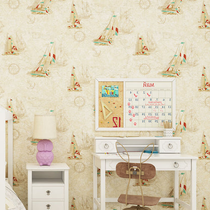 Vintage Boat Wallpaper Non-Pasted Wall Covering in Beige Color for Children, 20.5" x 31' Beige Clearhalo 'Wall Decor' 'Wallpaper' 929277