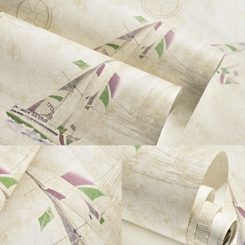 Vintage Boat Wallpaper Non-Pasted Wall Covering in Beige Color for Children, 20.5" x 31' Clearhalo 'Wall Decor' 'Wallpaper' 929281