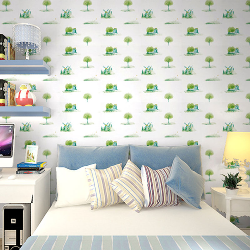 Kid's Bedroom Wallpaper with Green and White Windmill and Tree Design, 77.5 sq ft., Easy to Remove Green Clearhalo 'Wall Decor' 'Wallpaper' 929286