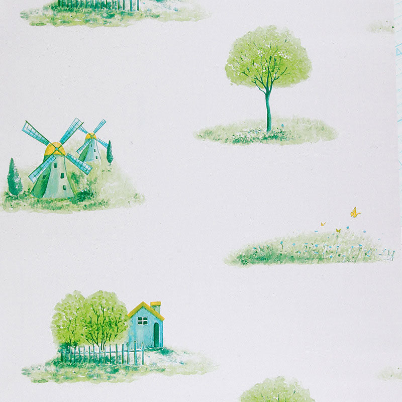 Kid's Bedroom Wallpaper with Green and White Windmill and Tree Design, 77.5 sq ft., Easy to Remove Clearhalo 'Wall Decor' 'Wallpaper' 929288