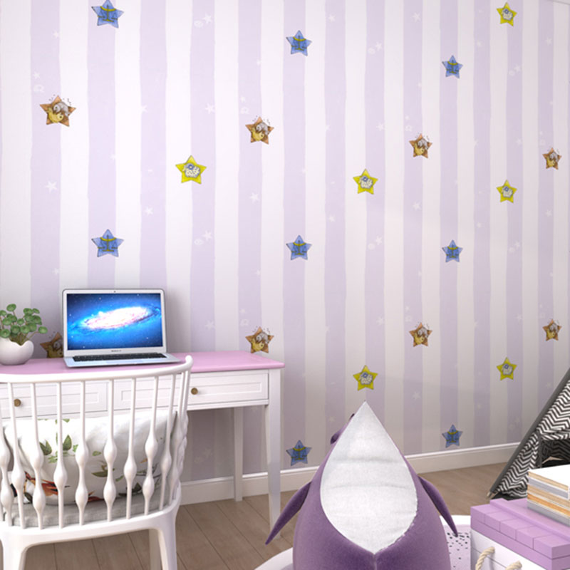 Decorative Soft Color Wallpaper Roll Non-Pasted Star and Fish Wall Covering for Girl, Non-Pasted Light Purple Clearhalo 'Wall Decor' 'Wallpaper' 929425