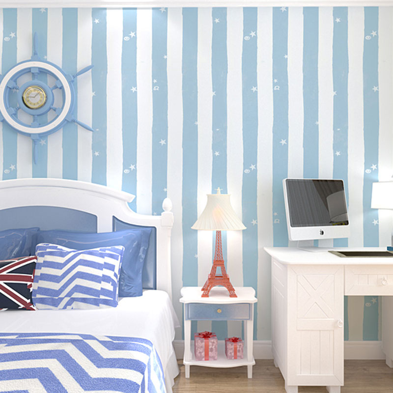 Non-Pasted Wallpaper Roll Non-Pasted Stripe Wall Covering for Children's Bedroom Decoration Light Blue Clearhalo 'Wall Decor' 'Wallpaper' 929438