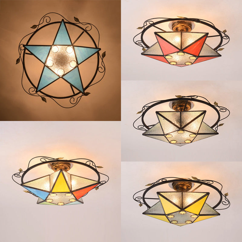 5 Pointed Star Ceiling Light Tiffany Vintage Stained Glass 1 Light Semi Flush Light Fixture in Yellow/Orange/Blue/Clear/Multi-Color Clearhalo 'Ceiling Lights' 'Close To Ceiling Lights' 'Close to ceiling' 'Glass shade' 'Glass' 'Semi-flushmount' 'Tiffany close to ceiling' 'Tiffany' Lighting' 93000