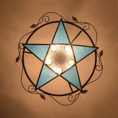 5 Pointed Star Ceiling Light Tiffany Vintage Stained Glass 1 Light Semi Flush Light Fixture in Yellow/Orange/Blue/Clear/Multi-Color Blue Clearhalo 'Ceiling Lights' 'Close To Ceiling Lights' 'Close to ceiling' 'Glass shade' 'Glass' 'Semi-flushmount' 'Tiffany close to ceiling' 'Tiffany' Lighting' 93001