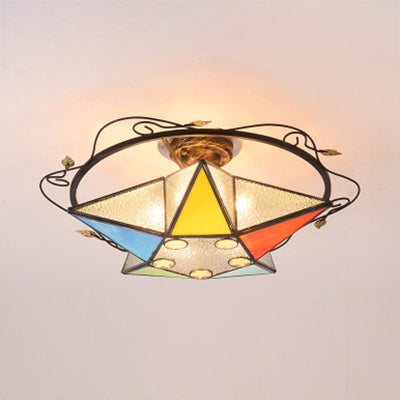 5 Pointed Star Ceiling Light Tiffany Vintage Stained Glass 1 Light Semi Flush Light Fixture in Yellow/Orange/Blue/Clear/Multi-Color Red-Yellow-Blue-Green Clearhalo 'Ceiling Lights' 'Close To Ceiling Lights' 'Close to ceiling' 'Glass shade' 'Glass' 'Semi-flushmount' 'Tiffany close to ceiling' 'Tiffany' Lighting' 93003