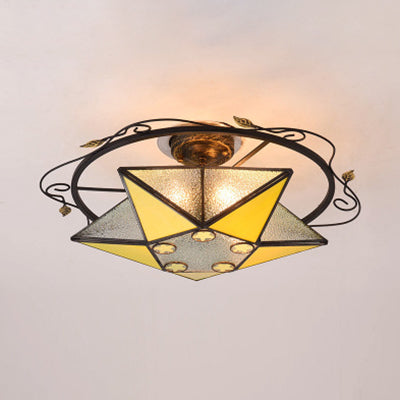5 Pointed Star Ceiling Light Tiffany Vintage Stained Glass 1 Light Semi Flush Light Fixture in Yellow/Orange/Blue/Clear/Multi-Color Yellow Clearhalo 'Ceiling Lights' 'Close To Ceiling Lights' 'Close to ceiling' 'Glass shade' 'Glass' 'Semi-flushmount' 'Tiffany close to ceiling' 'Tiffany' Lighting' 93005