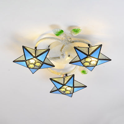 3 Heads Star Semi Flush Light Modernism Tiffany Stained Glass Ceiling Light Fixture in Yellow/Orange/Blue/Clear/Multi-Color Clearhalo 'Ceiling Lights' 'Close To Ceiling Lights' 'Close to ceiling' 'Glass shade' 'Glass' 'Island Lights' 'Semi-flushmount' 'Tiffany close to ceiling' 'Tiffany' Lighting' 93007