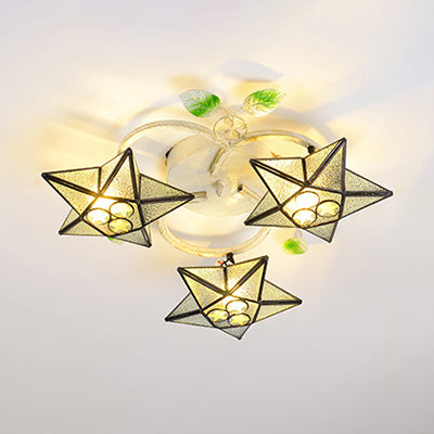 3 Heads Star Semi Flush Light Modernism Tiffany Stained Glass Ceiling Light Fixture in Yellow/Orange/Blue/Clear/Multi-Color Clear Clearhalo 'Ceiling Lights' 'Close To Ceiling Lights' 'Close to ceiling' 'Glass shade' 'Glass' 'Island Lights' 'Semi-flushmount' 'Tiffany close to ceiling' 'Tiffany' Lighting' 93010