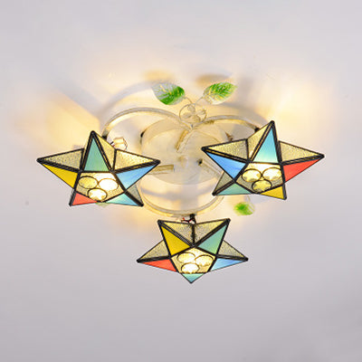 3 Heads Star Semi Flush Light Modernism Tiffany Stained Glass Ceiling Light Fixture in Yellow/Orange/Blue/Clear/Multi-Color Red-Yellow-Blue-Green Clearhalo 'Ceiling Lights' 'Close To Ceiling Lights' 'Close to ceiling' 'Glass shade' 'Glass' 'Island Lights' 'Semi-flushmount' 'Tiffany close to ceiling' 'Tiffany' Lighting' 93011