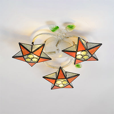 3 Heads Star Semi Flush Light Modernism Tiffany Stained Glass Ceiling Light Fixture in Yellow/Orange/Blue/Clear/Multi-Color Orange Clearhalo 'Ceiling Lights' 'Close To Ceiling Lights' 'Close to ceiling' 'Glass shade' 'Glass' 'Island Lights' 'Semi-flushmount' 'Tiffany close to ceiling' 'Tiffany' Lighting' 93012